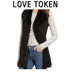 Love Token black rabbit fur high low asymmetrical vest with pockets size small